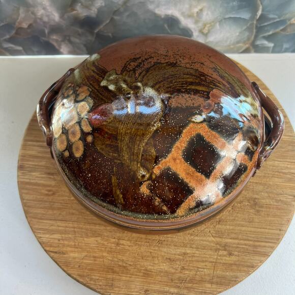 Art Studio Pottery Casserole With Handles & Lid 8" Stoneware Brown Glazed 80s - Picture 4 of 13